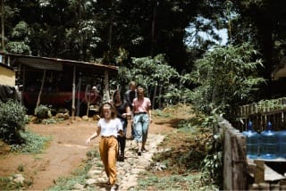 3 young adults walking down path